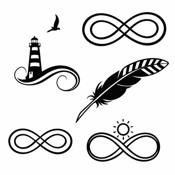 Infinity symbols collection, black infinity vector illustrations on white background. Perfect for logo design, branding, and mathematical representation. Various styles, from classic to artistic