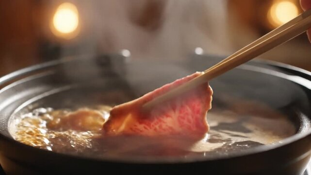 Premium Marbled Wagyu Beef Slice Dipped in Steaming Japanese Sukiyaki Hot Pot
