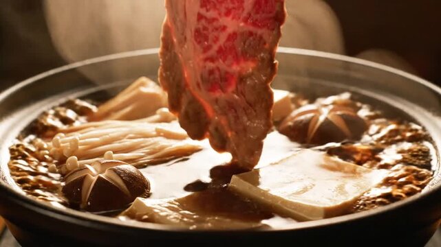 Premium Marbled Wagyu Beef Dipping into Traditional Japanese Sukiyaki Hot Pot