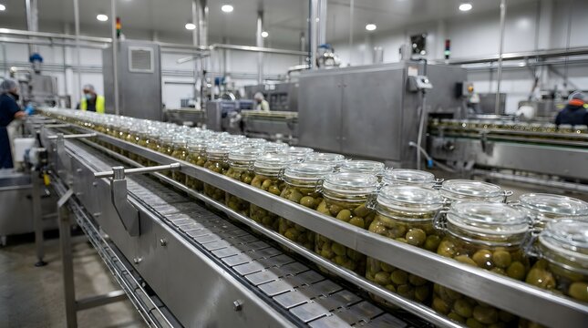 Industrial food production line with rows of glass jars containing green olives being processed in a professional factory setting with workers supervising the automated canning machinery.