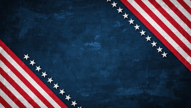 American flag texture background with red white stripes and stars on a deep navy blue rustic concrete wall surface