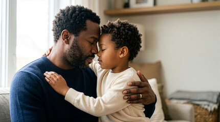 Obraz premium Father and son embracing with eyes closed showing love and connection indoors