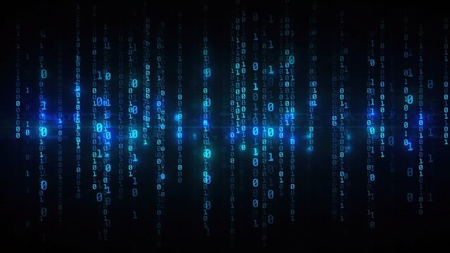 Binary code background featuring glowing blue neon numbers falling vertically against a dark abstract digital matrix technology screen display