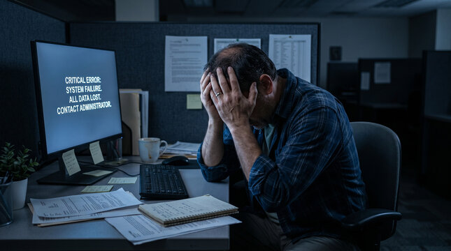 Stressed office worker holding head in despair looking at critical error on computer monitor