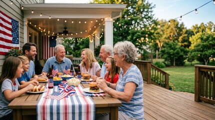 Obraz premium Title: Multi-Generation American Family Celebrating Independence Day with Barbecue Dinner on Backyard Wooden Deck Porch Decorated with USA Flags and String Lights.