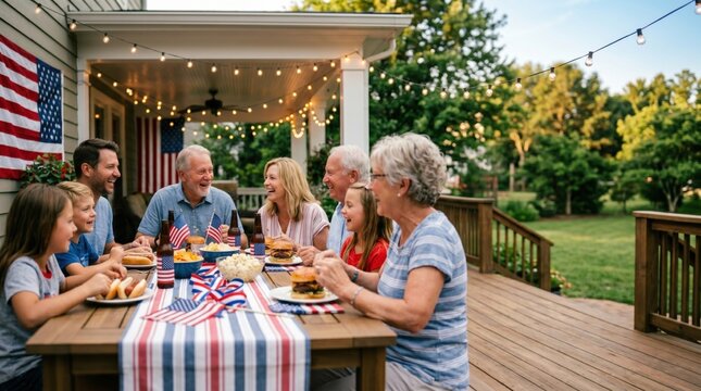 Title: Multi-Generation American Family Celebrating Independence Day with Barbecue Dinner on Backyard Wooden Deck Porch Decorated with USA Flags and String Lights.