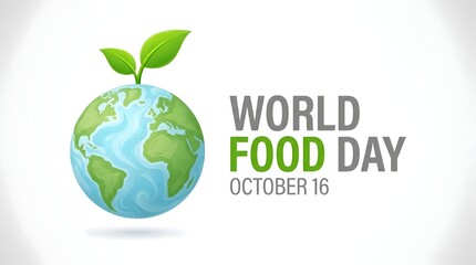 Obraz premium Eco friendly digital illustration of a green and blue earth globe with two fresh green leaves growing from the top to represent World Food Day on a clean white background with soft shadow