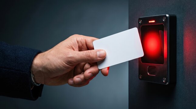 Businessman hand holding blank smart card near metal security scanner reader panel showing red light for denied entry or restricted office access