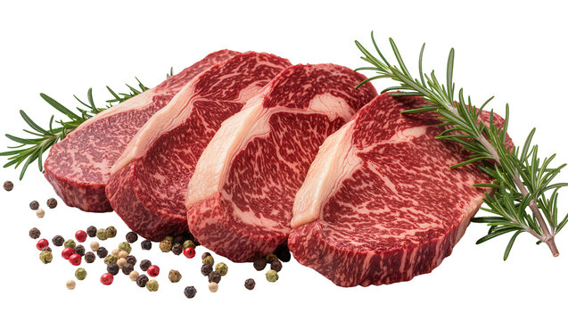 Isolated premium marbled raw beef ribeye steaks with fragrant rosemary and colorful peppercorns