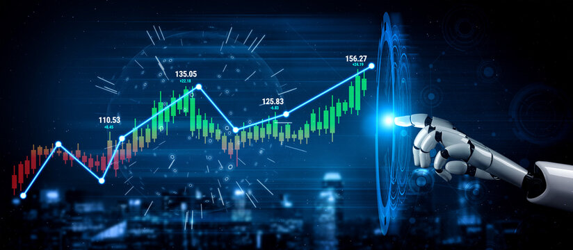 Futuristic Digital Market Trends Analysis with Robot Hand Touching Data Graph Representing Growth and Innovation in Financial Technology Quark.