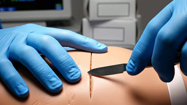 Close-Up POV Of Surgeon Hands Holding Scalpel Making Incision On Surgical Practice Model During Medical Training Simulation