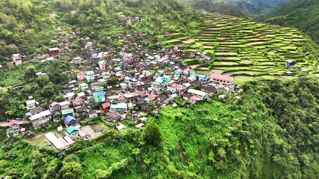 Aerial shot of the amazing terraced rice paddies in the mountains near the small town of Bayyo in the Philippines.