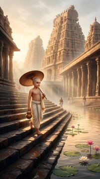 Vamana Avatar of Vishnu as Young Brahmin Monk Walking Near Sacred Temple Pond