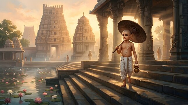 Dashavatara Vamana Avatar Brahmin Monk With Umbrella Standing By Pond