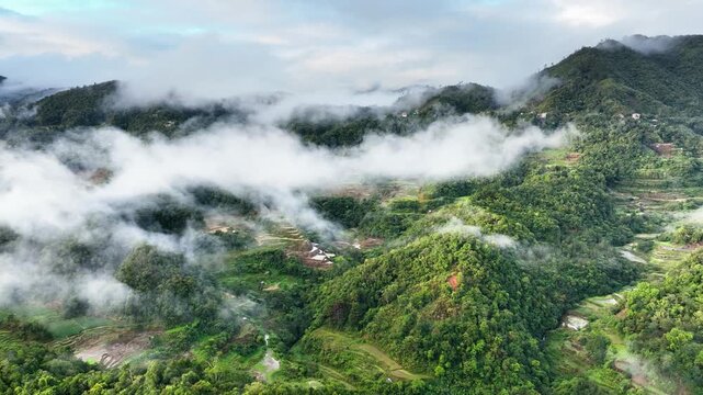 Aerial shot of the amazing terraced rice paddies in the mountains near Banaue Philippines.