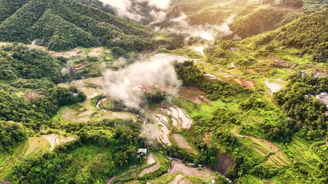 Aerial shot of the amazing terraced rice paddies in the mountains near Banaue Philippines.