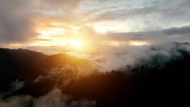 Aerial shot of the amazing terraced rice paddies at sunrise in the mountains near Banaue Philippines.