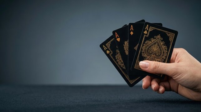 Four aces playing cards in hand as metaphor for ultimate business victory corporate leadership financial advantage and perfect investment strategy