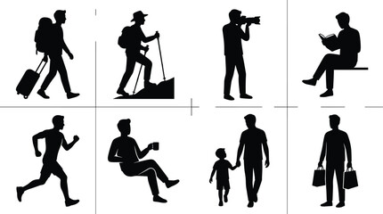 Fototapeta premium Lifestyle Silhouette Collection Depicting Travel Hiking Photography Reading Running Shopping and Family Activities