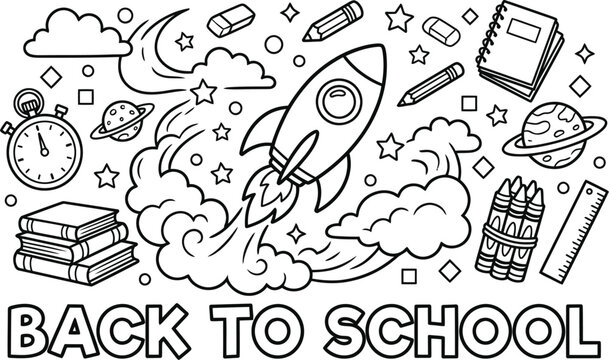 Back to school doodle background with rockets, planets, books, and supplies in cartoon style.