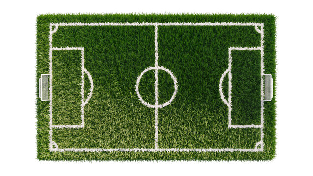 Isolated top view of a miniature football soccer pitch field with green grass and white lines