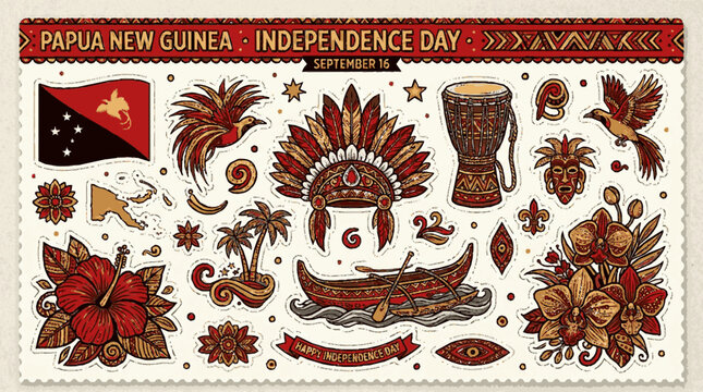 Papua new guinea independence day doodle sticker set with cultural symbols