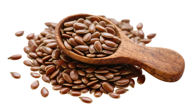 Isolated flax seeds in a wooden spoon with scattered linseeds, healthy superfood
