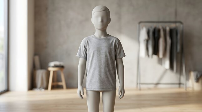 A young girl wearing green screen green t shirt standing in indoor clothing store with rack