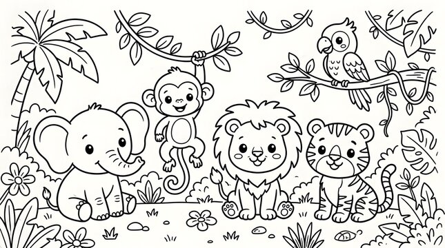 A jungle scene of  featuring  monkey hanging monkey hanging from tree with elephant lion elephant lion and tiger and tiger  plants around plants and plants.
