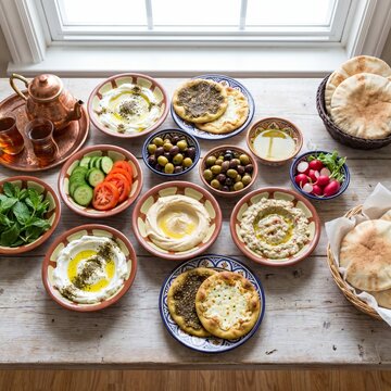 Middle Eastern mezze spread with hummus, labneh, olives, pita bread and tea