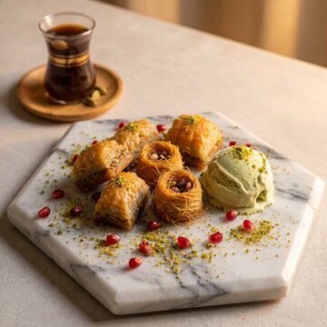 Assorted baklava and kunafa nests with pistachio ice cream and pomegranate