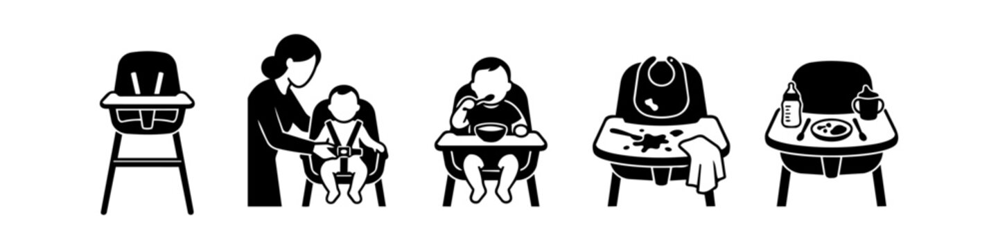 Black and white vector icons of baby feeding. Set includes high chair, mother buckling child, infant eating, messy tray, and meal setup.