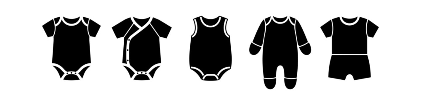 Set of five black minimalist baby clothing icons including bodysuits, rompers, and sleepsuits. Flat vector illustrations of infant apparel for fashion design and parenting themes.