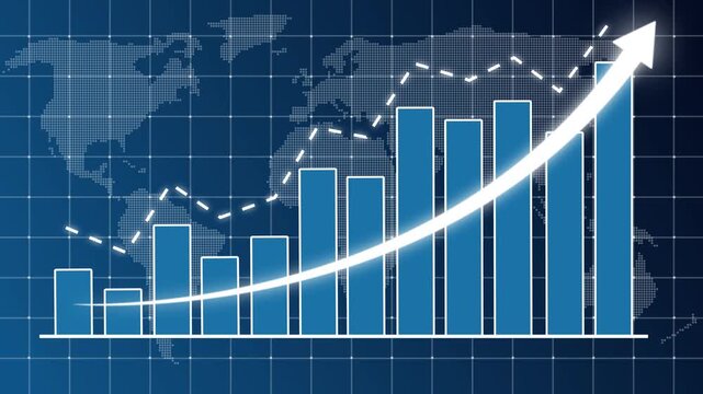 Neon line Animated business bar chart with upward curved arrow and dotted trend line. Representing accelerating revenue growth, financial improvement, graph chart showing marketing sales profit 4k