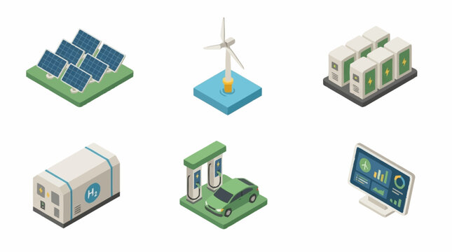 Isometric icons of renewable energy and green technology concepts.