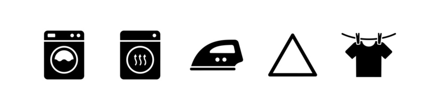 Laundry care icons: washing machine, dryer, iron, bleach, and hanging shirt. Minimalist black vector set for household chores.