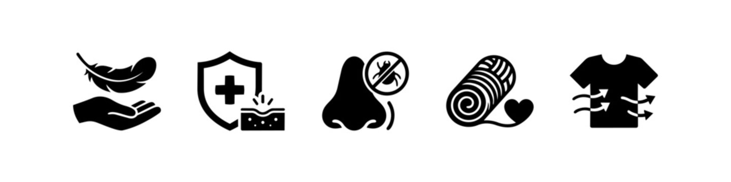 A set of minimalist black and white icons representing textile properties including softness, skin protection, anti-mite features, natural materials, and high breathability for product labels.