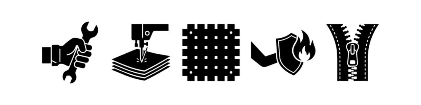 Industrial and textile icons including a wrench, sewing needle, mesh grid, fire shield, and zipper for manufacturing and safety concepts.