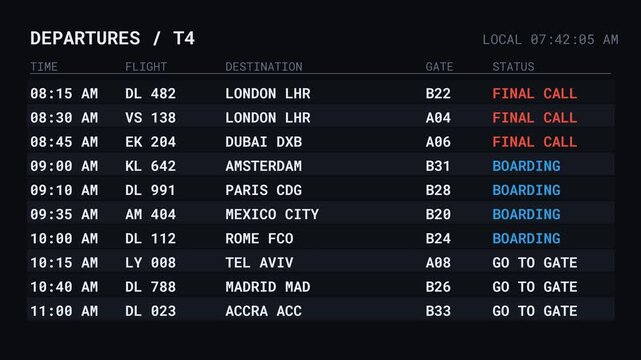 Airport FIDS Board Final Call And Boarding Status 4K Video Terminal Screen Active Departures Authentic Live Data Schedule Monitor Passenger Rush Gate Information Display Timetable