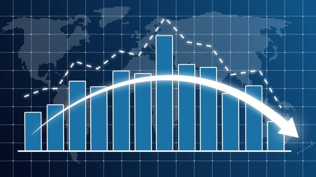 Business bar chart with declining curved arrow and dotted downward trend line. Indicates revenue decrease, risk analysis, and negative performance, Bad Economy concept, market downturn, financial loss