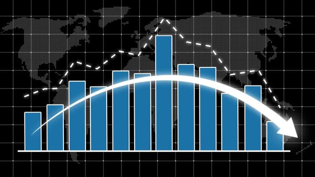 Business bar chart with declining curved arrow and dotted downward trend line. Indicates revenue decrease, risk analysis, and negative performance, Bad Economy concept, market downturn, financial loss