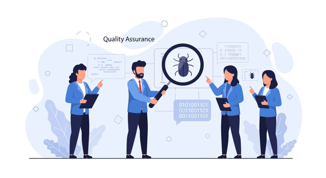 Quality Assurance Team Inspecting Software Bug with Magnifying Glass and Binary Code