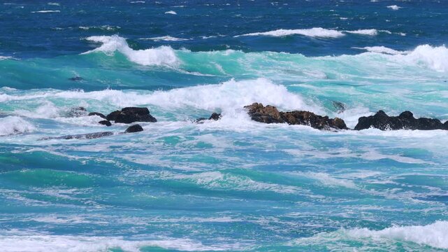 Slow motion shot of ocean waves and a windy day. Shot in Monterey California.