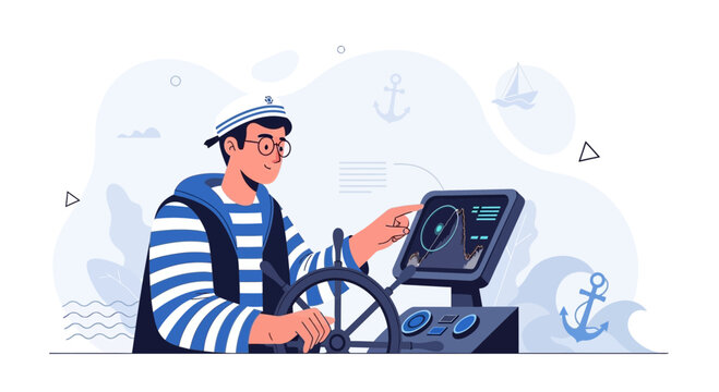 Sailor Navigating Ship with Modern Technology and Traditional Wheel