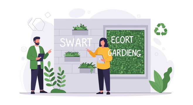 Two people discussing eco-friendly vertical gardening solutions and sustainability in urban environments.