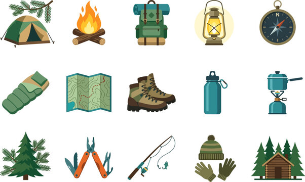 a collection of Camping icons and outdoor adventure symbols