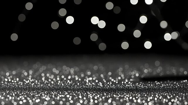 Shimmering silver glitter surface reflecting bright bokeh lights against a dark black backdrop creates a sophisticated atmosphere suitable for festive celebrations graphic design projects