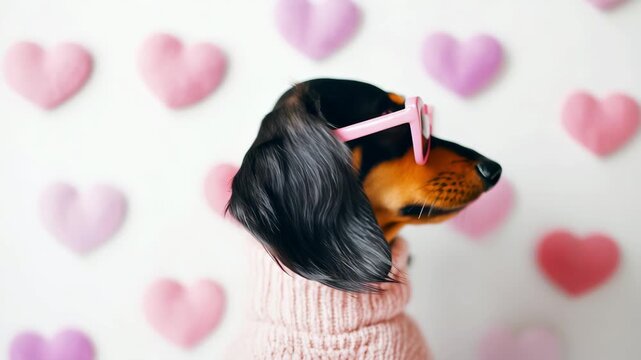 Dachshund dog in heart sunglasses and pink sweater