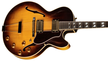 Fototapeta premium Isolated elegant archtop electric guitar in classic sunburst finish, a beautiful vintage instrument
