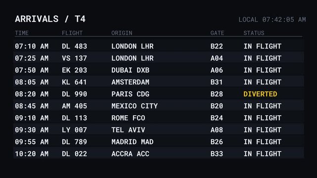 Airport FIDS Arrivals Board Single Diverted Flight Status 4K Video Terminal Screen Travel Disruption Authentic Live Data Schedule Monitor Passenger Emergency Landing Display Timetable